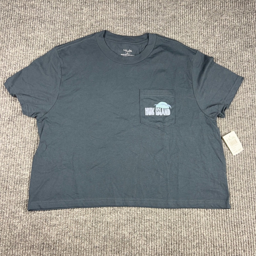 Huk Island Local Shirt Womens L Pocket Tee Sea Storm Gray NWT Cropped Fishing